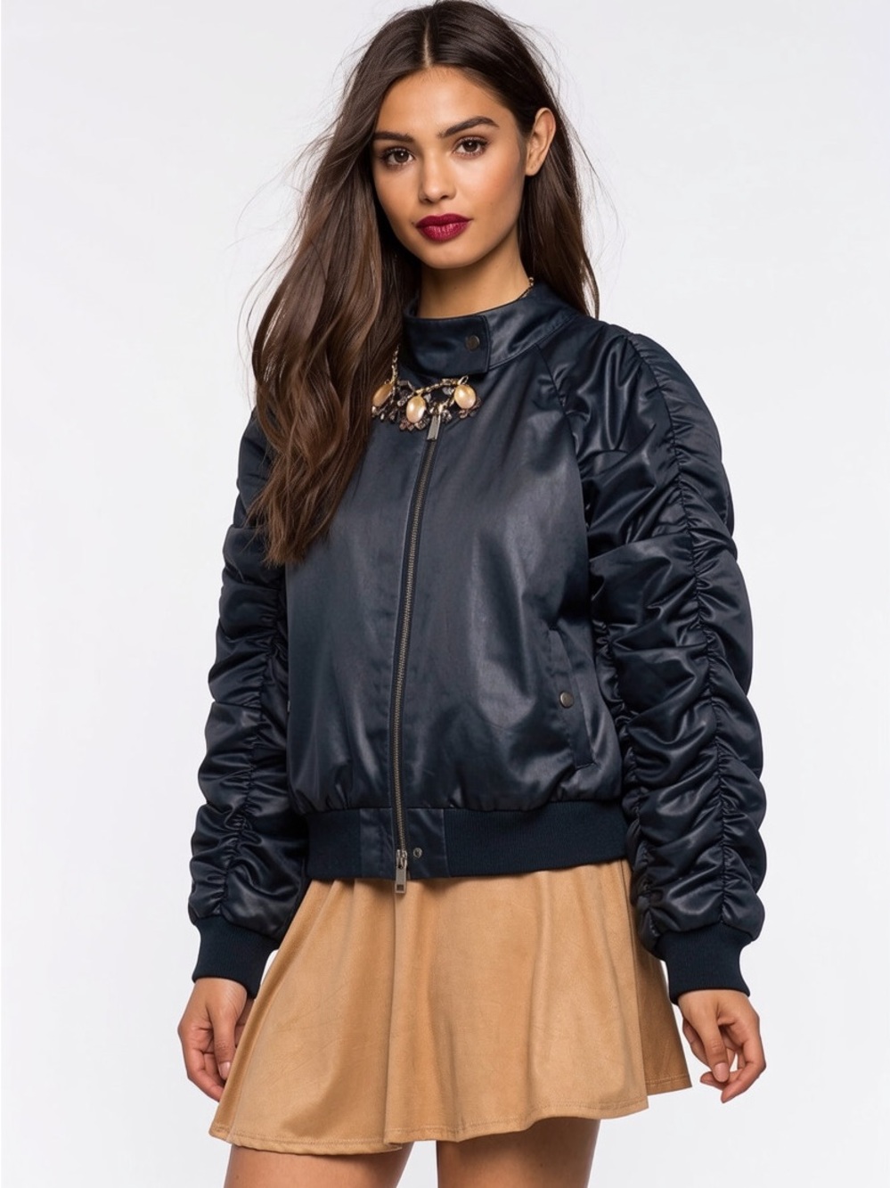 KENNETH COLE Black Vegan Leather Ruched-Sleeve Bomber Jacket XS